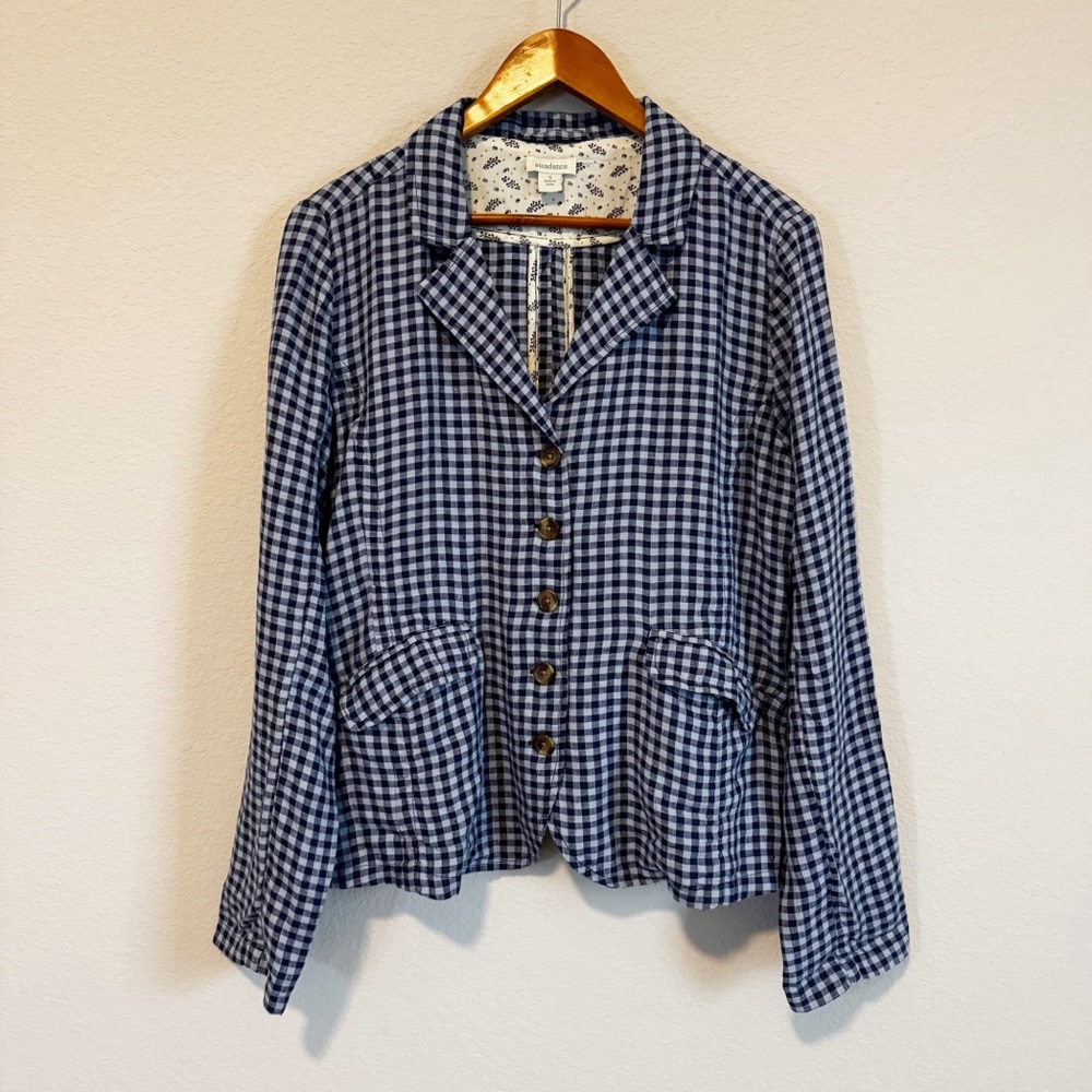 Sundance Women's Ziri Blue Gingham 100% Linen Lightweight Blazer Jacket Size S